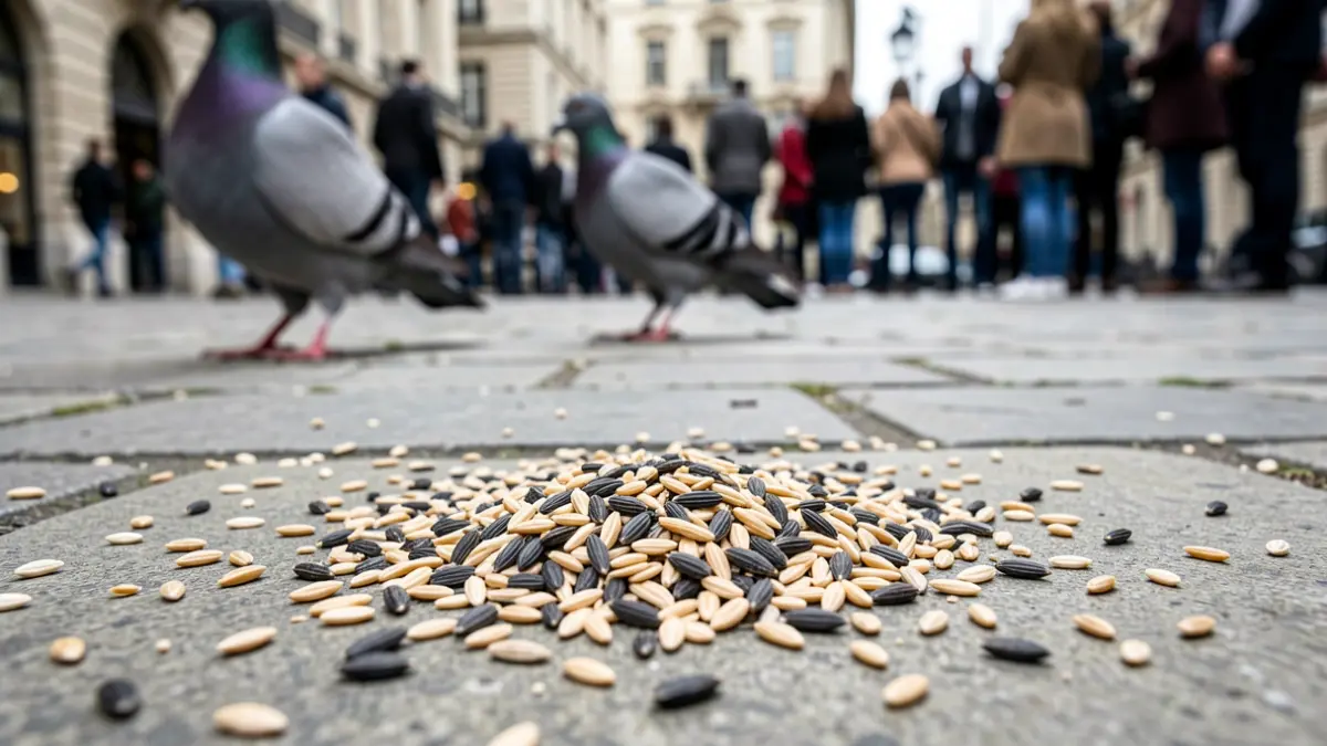 Imagen genérica de comida para pájaros esparcida en el suelo con palomas borrosas al fondo.