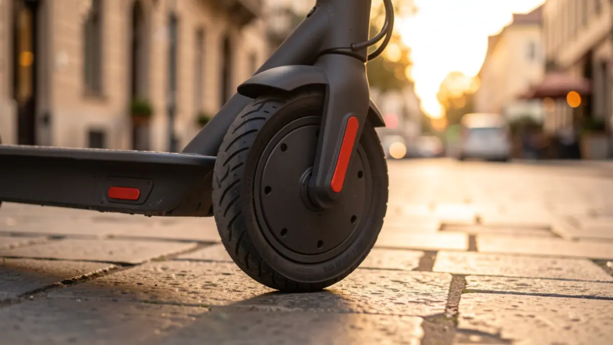 Primer plano de la rueda de un patinete eléctrico aparcado en una acera adoquinada, con luz cálida de atardecer.