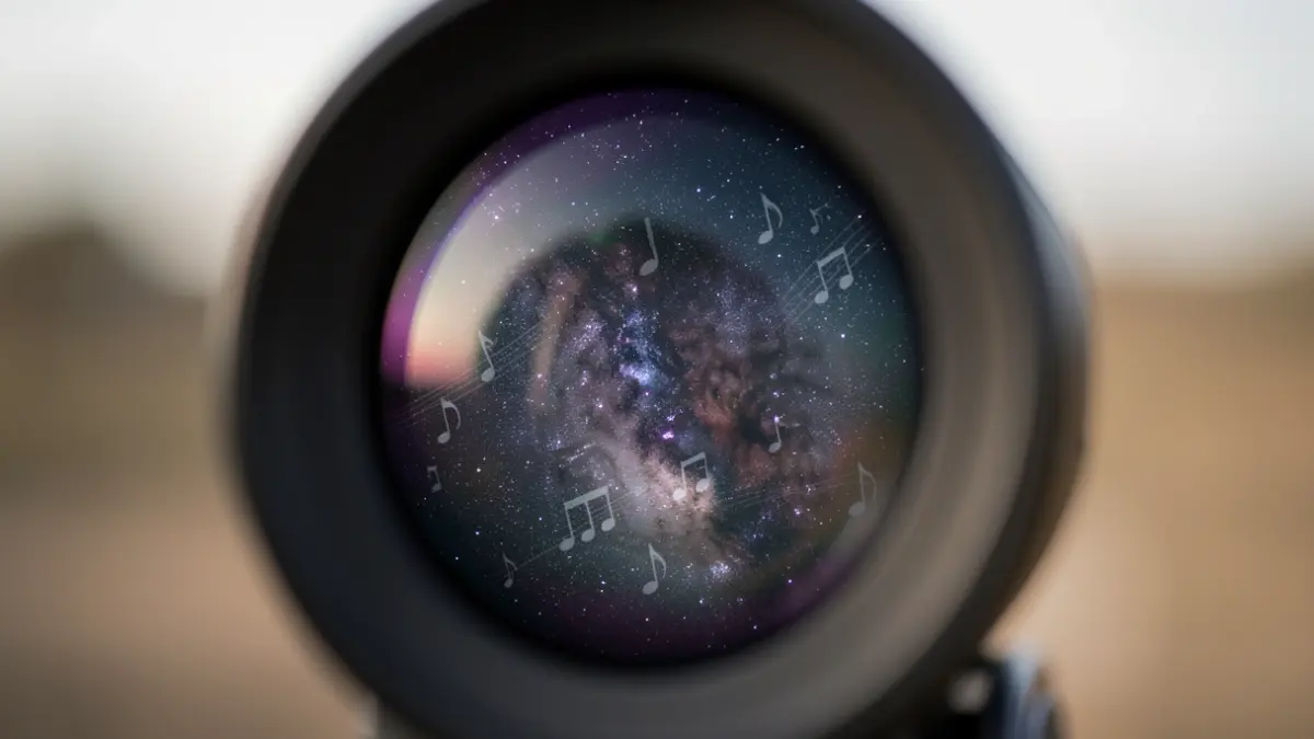 Generic image of a telescope reflecting the night sky with musical notes.