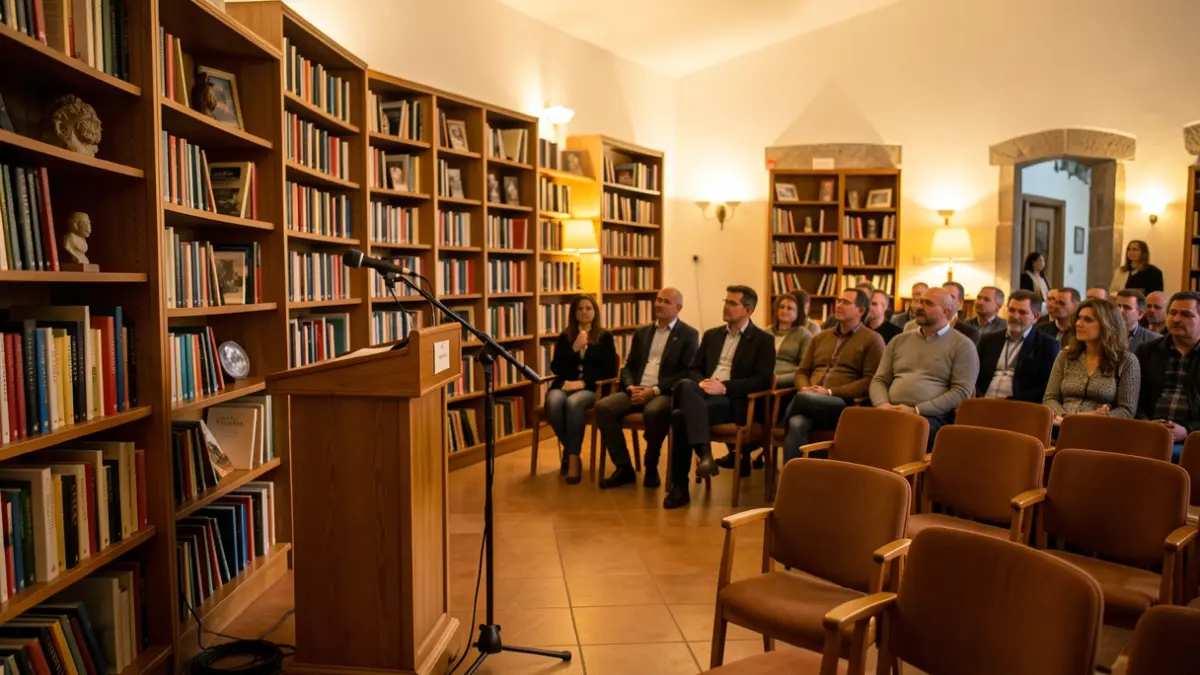 Generic image of a cultural center with bookshelves and a microphone.