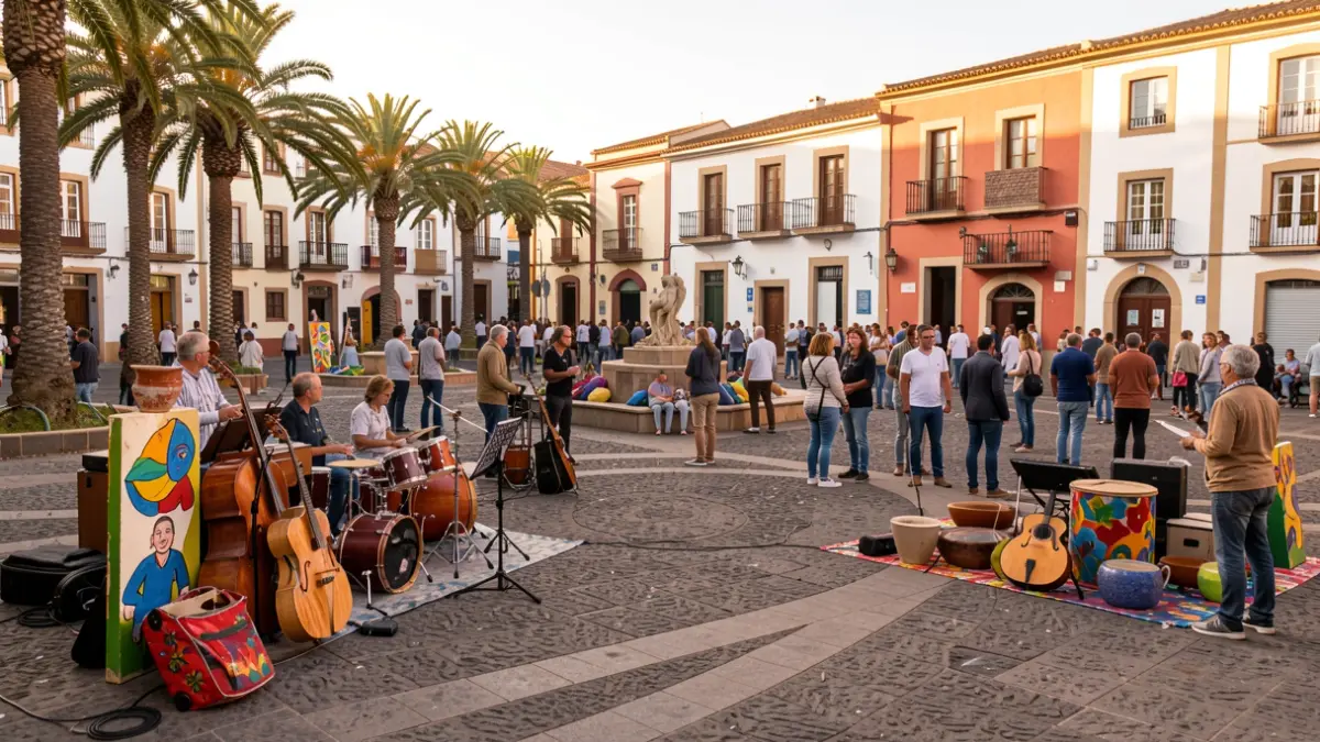 Imagen de la plaza de Argana Alta en Arrecife durante el evento Naturaleza Sonora, con elementos artísticos y arquitectura local.