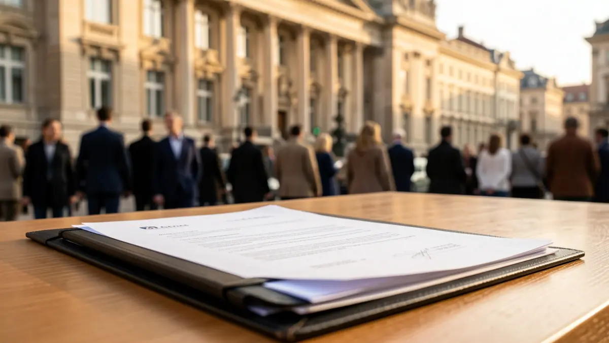 Documentación administrativa sobre una mesa con un edificio municipal desenfocado al fondo.