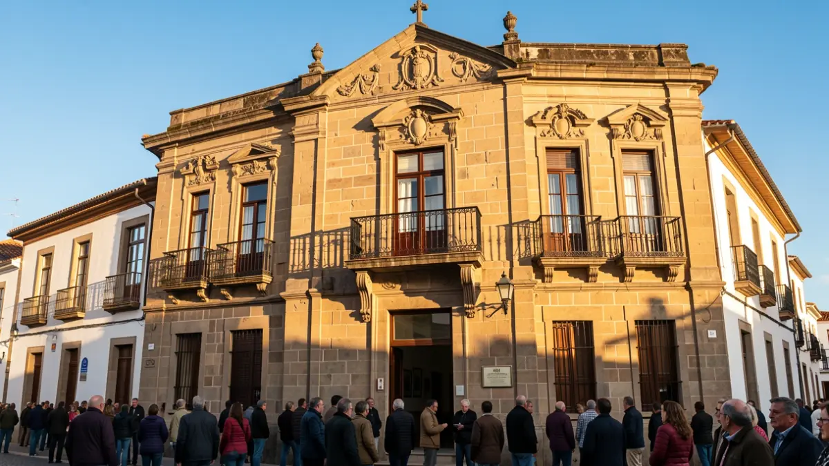 Facade of a traditional Canarian town hall with ornate balconies and iron railings, in warm afternoon light.