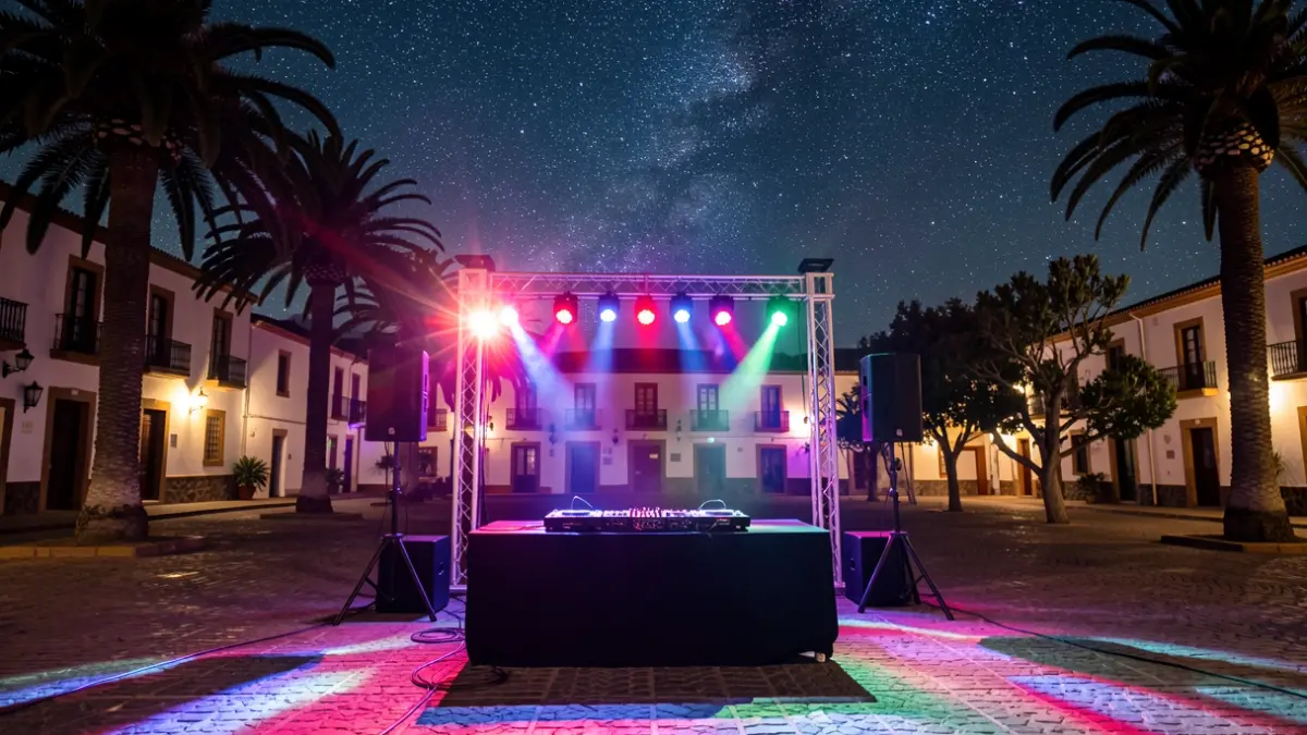 Imagen genérica de una plaza de Canarias de noche con luces de escenario.