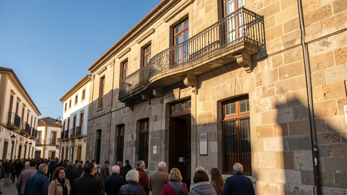 Facade of a Canarian town hall with a balcony and iron railings, under the afternoon sunlight.