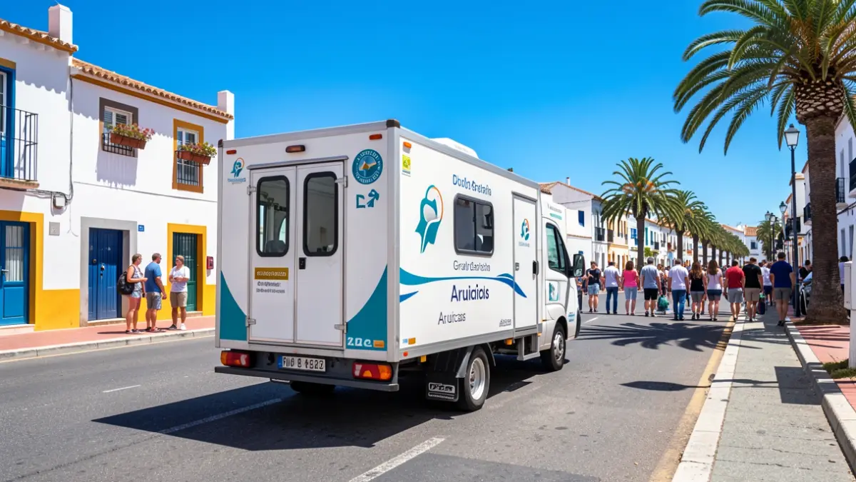 Mobile blood donation unit on a street in Arucas, Gran Canaria, with local architecture and blue sky.