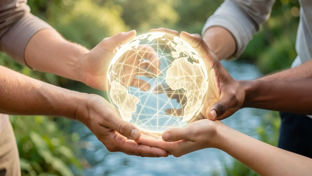 Manos diversas uniéndose para sostener una red global simbólica, representando la colaboración en reservas de biosfera.