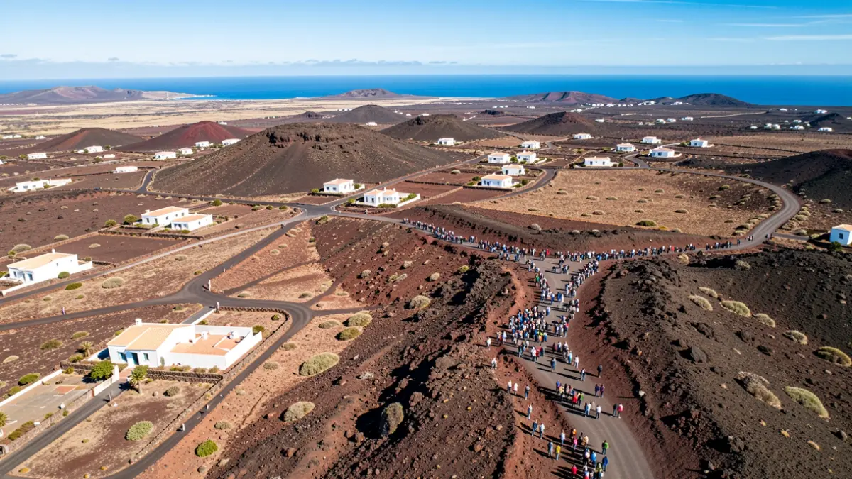 Volcanic landscape of Lanzarote with white houses and the ocean in the background.