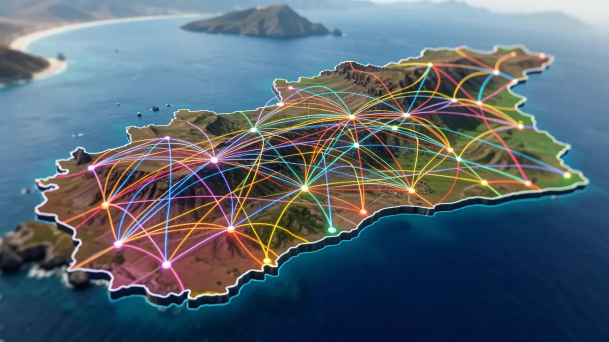 Mapa estilizado de la isla de Tenerife con conexiones de transporte.