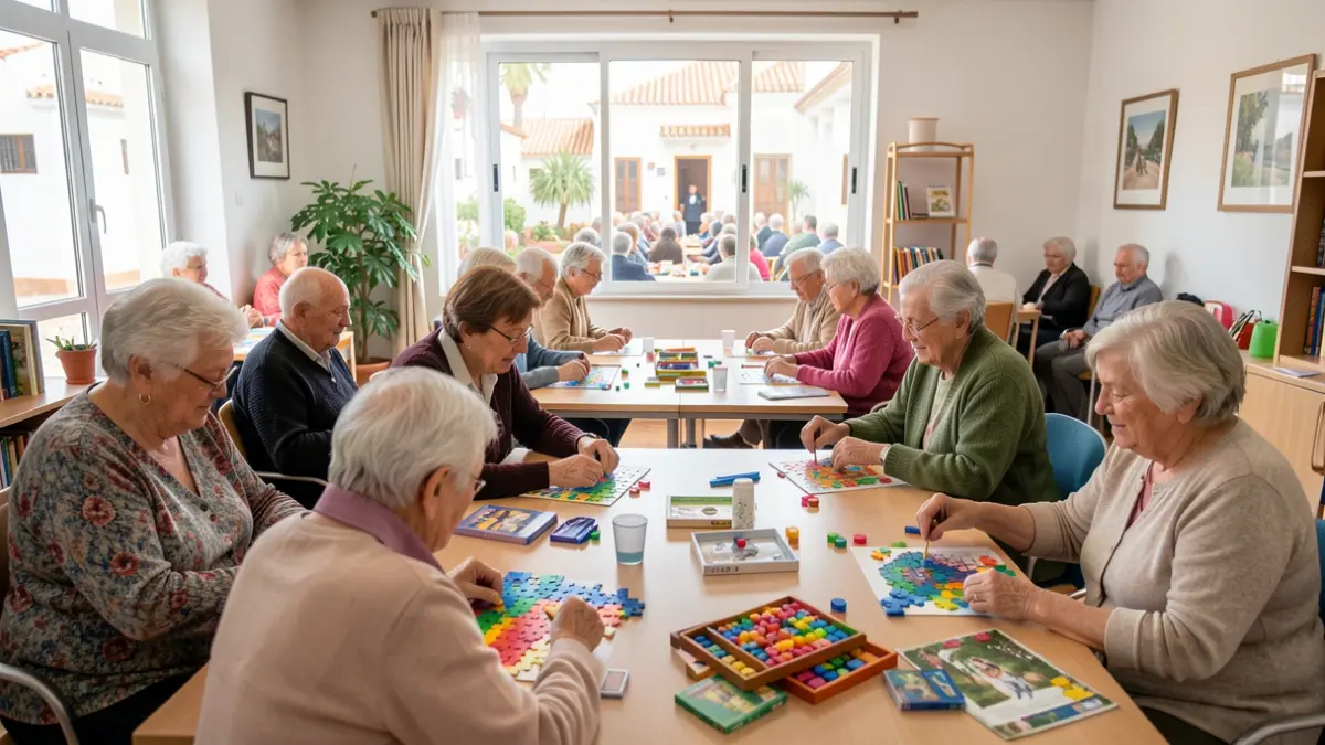 Elderly people participating in a cognitive stimulation workshop in Gáldar.