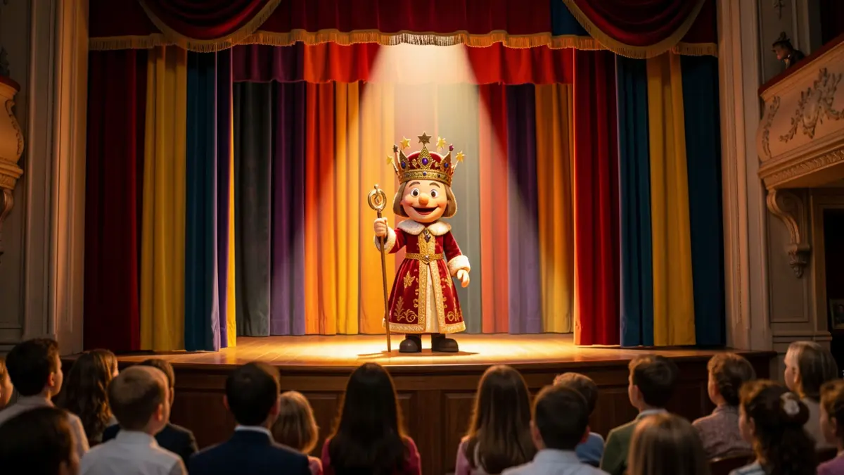 Escena de teatro de títeres con un rey estrellado.