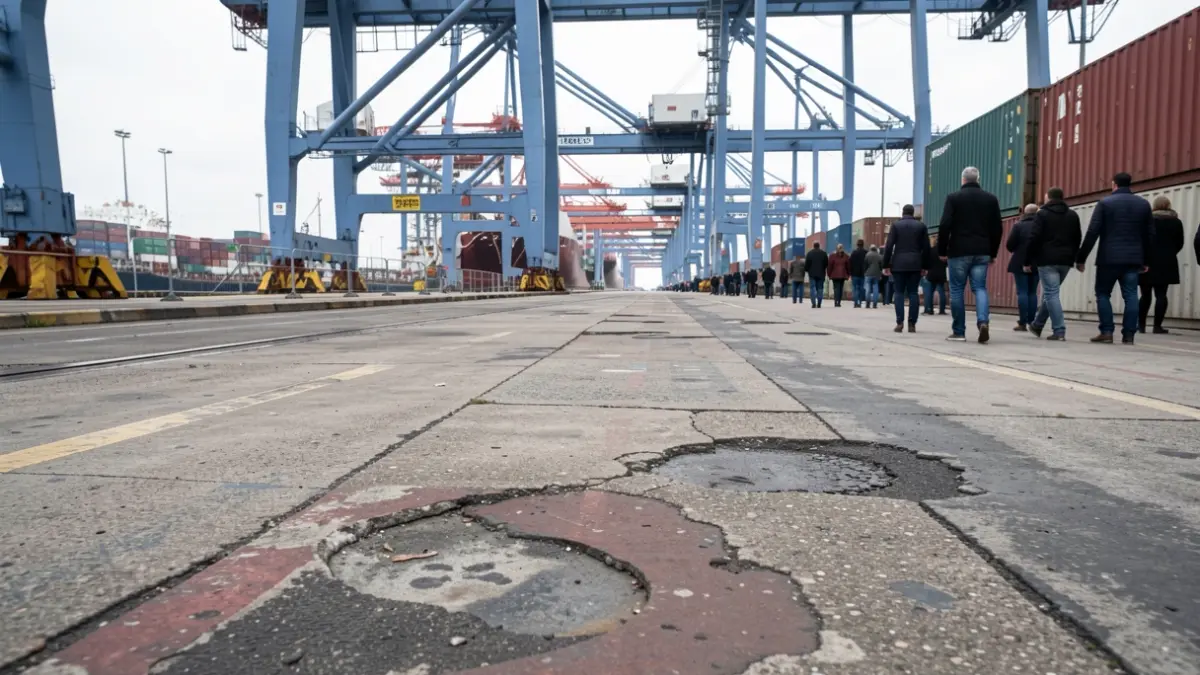 Generic image of port infrastructure with machinery and worn pavement.