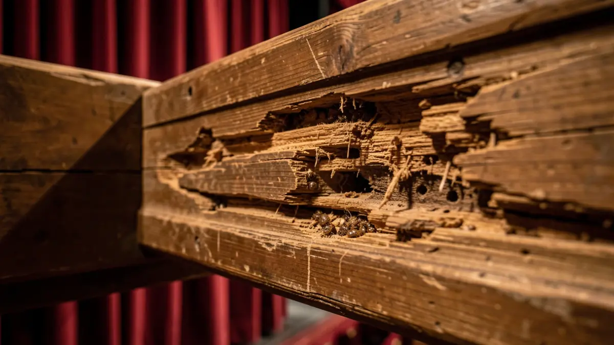 Daños por termitas en vigas de madera antiguas de un teatro histórico.