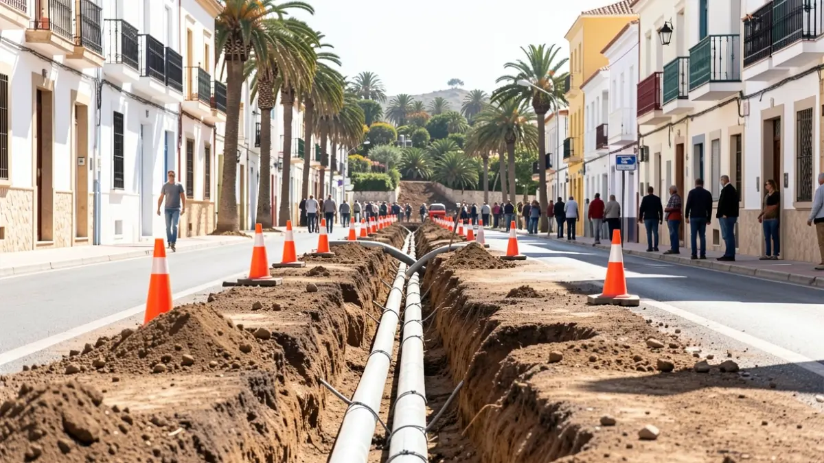 Imagen de obras en la avenida de Palm-Mar, Arona, con maquinaria y señalización vial.