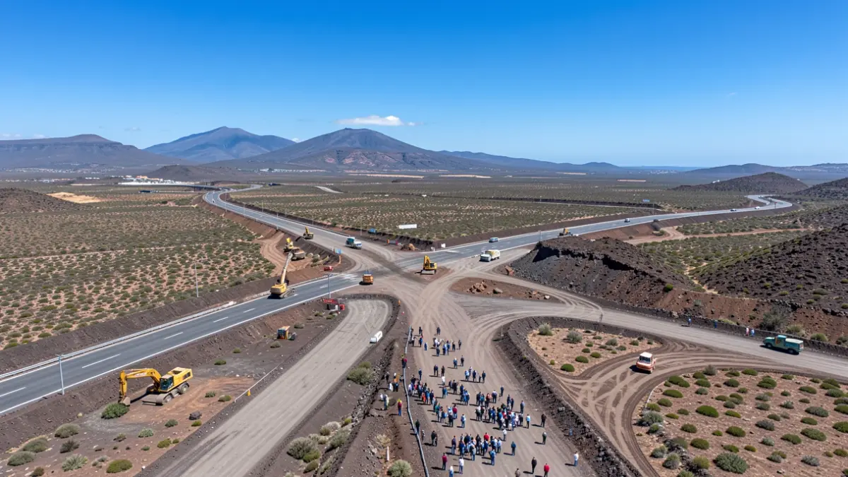 Vista aérea de obras de construcción de una autovía en Fuerteventura.