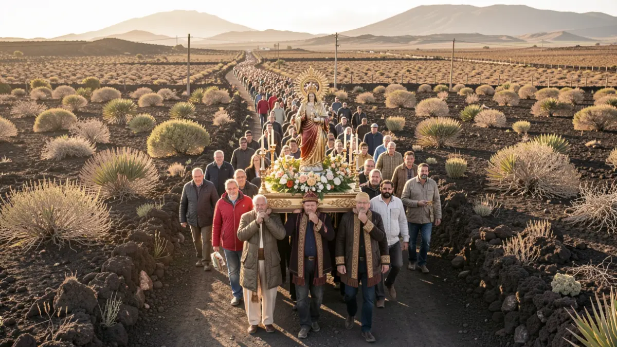 Generic image of a religious procession in a rural Canarias setting.