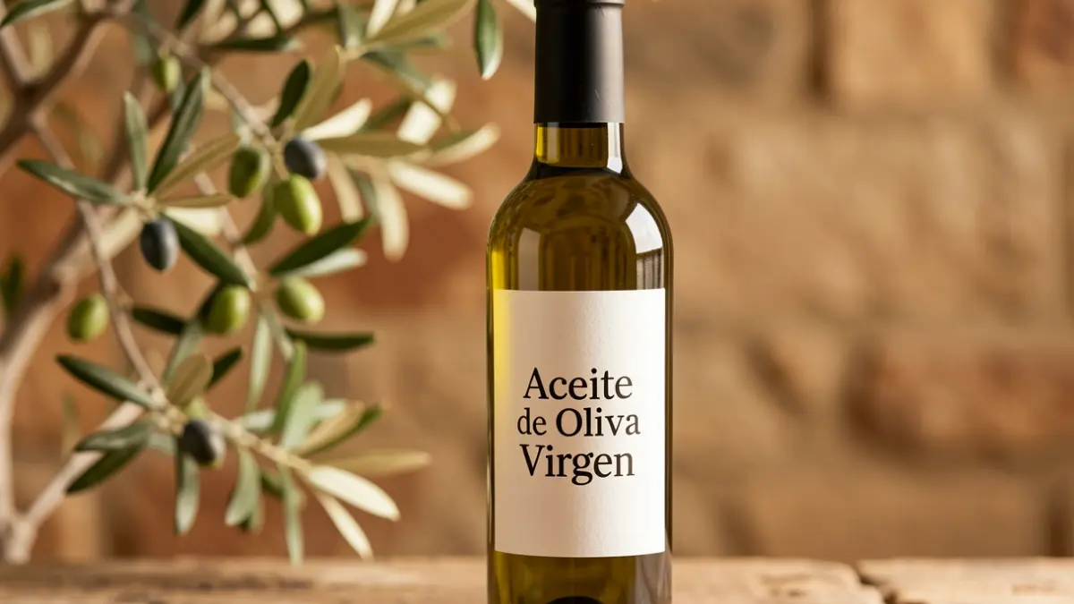 Bottle of extra virgin olive oil in a rustic setting.