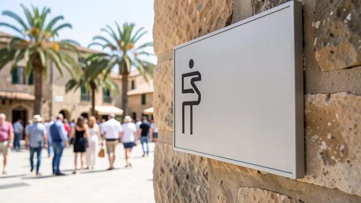 Image of public restroom signage in a square with traditional Canarian architecture.
