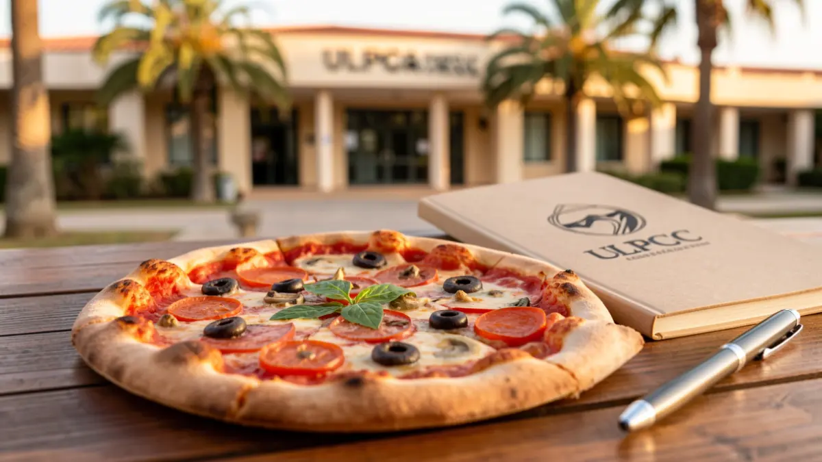 Close-up of a pizza slice next to a ULPGC notebook on a wooden table, with the university campus in the background.