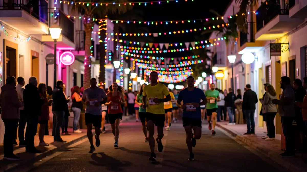 Imagen genérica de una carrera nocturna festiva en Playa Blanca, Lanzarote, con luces de colores y corredores silueteados.