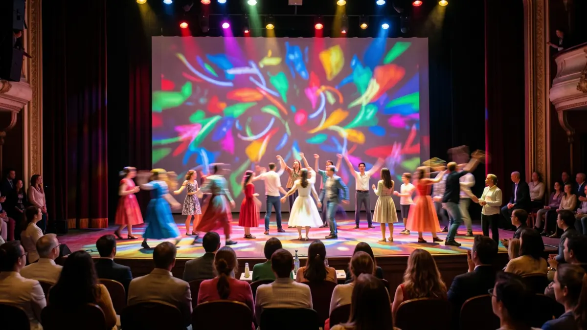 Abstract and colorful representation of a theatrical performance evoking childhood imagination and freedom.