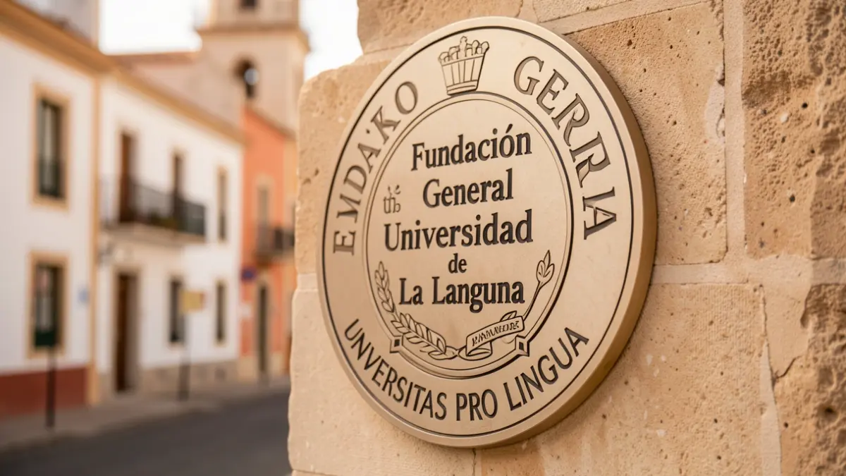 Sello de la Fundación General de la Universidad de La Laguna con el texto 'Universitas Pro Lingua' y fondo de edificios universitarios.