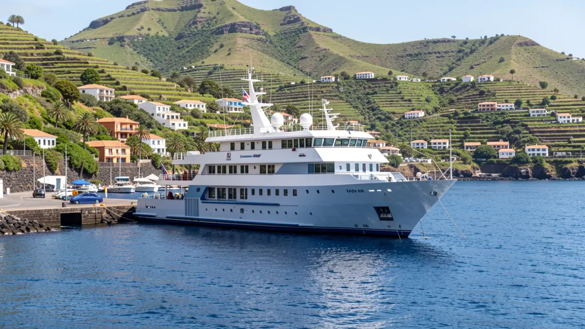 Buque de investigación de PLOCAN atracado en el puerto de La Gomera, con el paisaje de la isla al fondo.