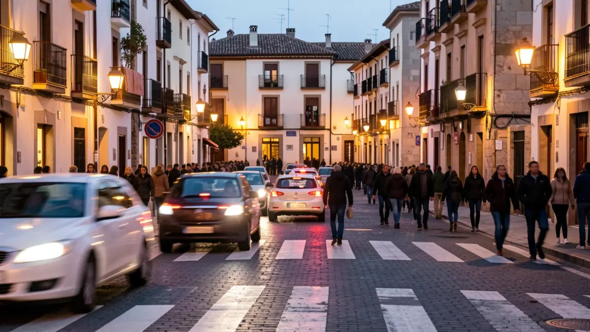 Image of a busy pedestrian crossing at dusk, with car lights and streetlights.