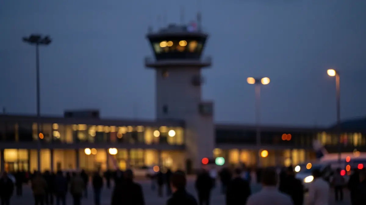 Generic image of an airport control tower at dusk.