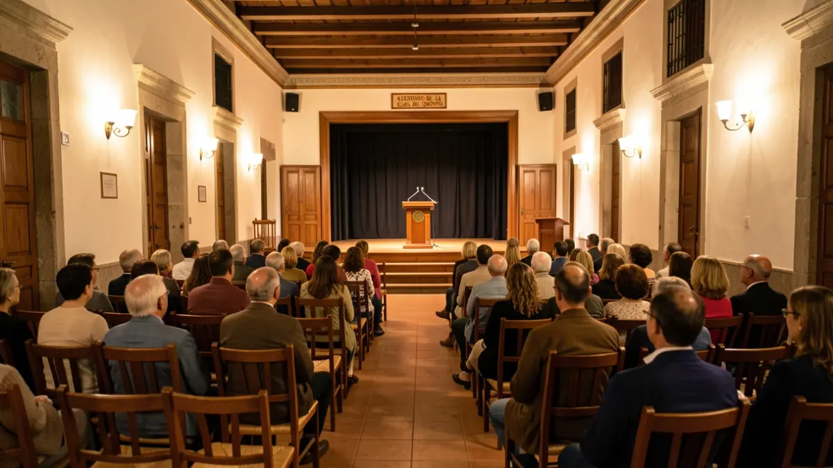 Imagen genérica de un teatrino municipal con sillas vacías y un atril.