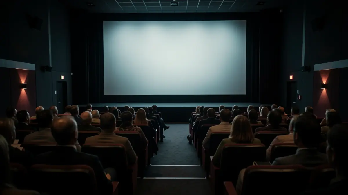 Generic image of an empty cinema hall with the screen illuminated.