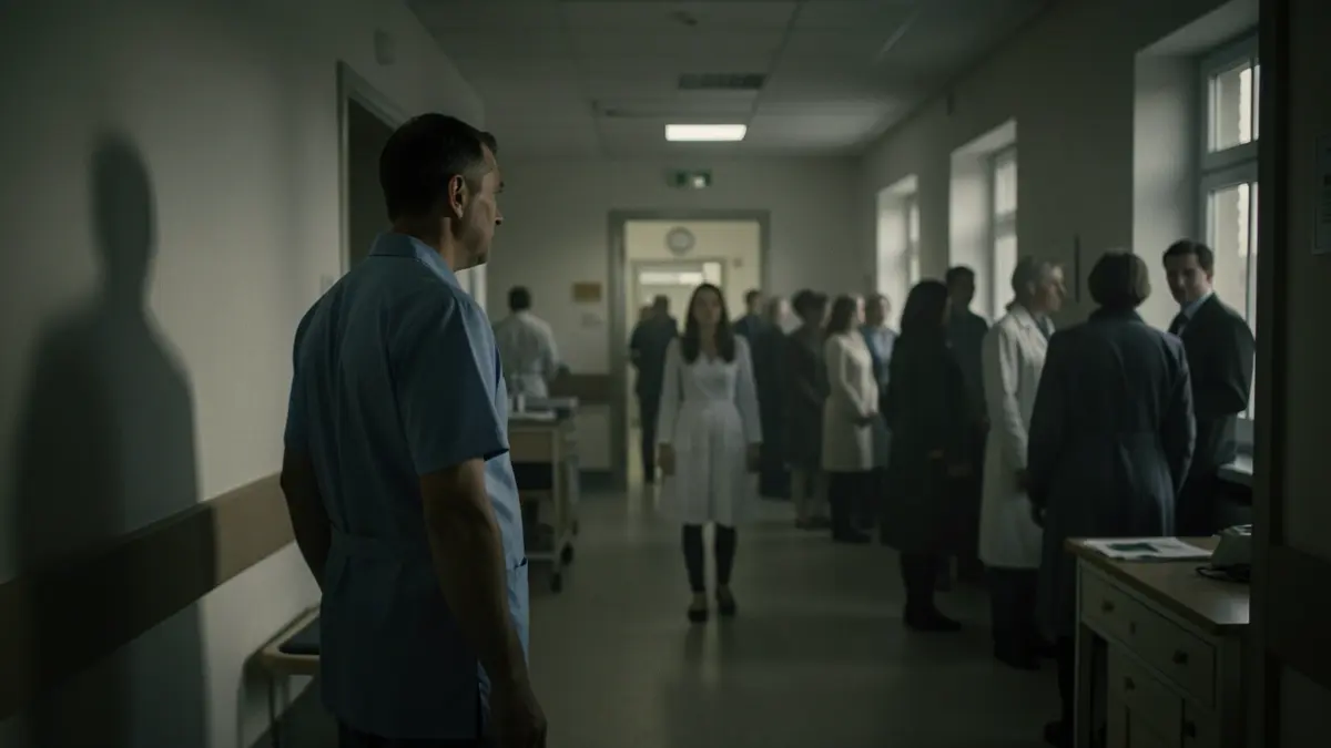 Imagen de una escena en un hospital psiquiátrico con un limpiador mirando a una interna, con atmósfera onírica.