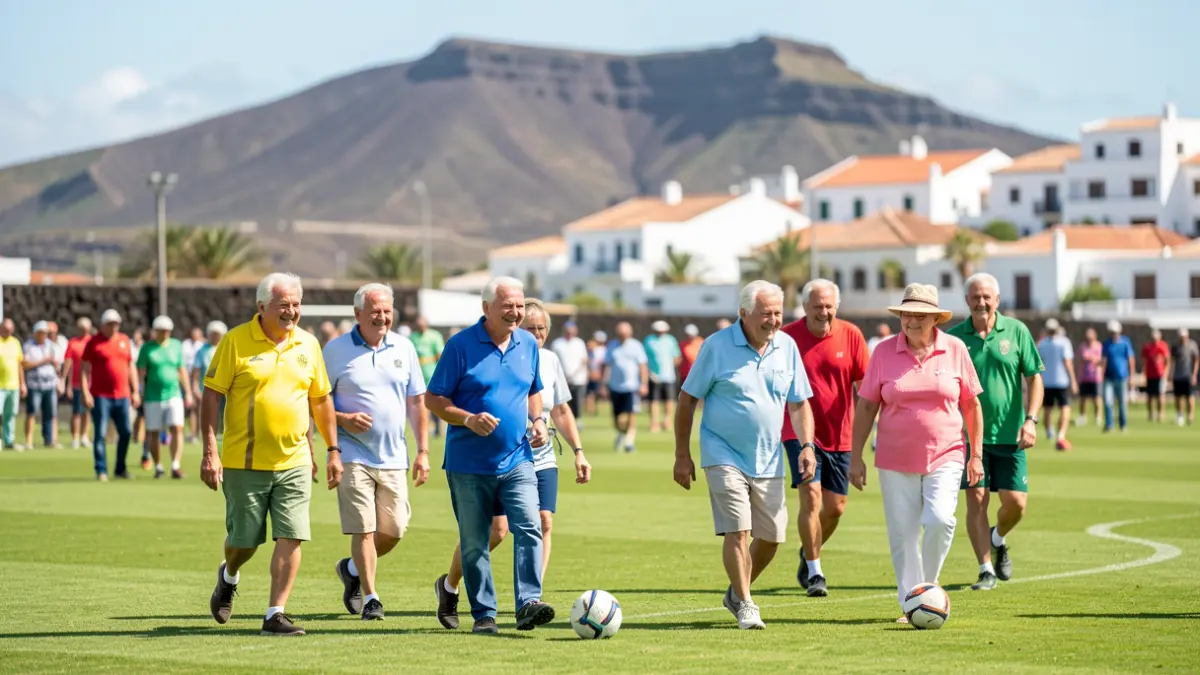 Personas mayores jugando al fútbol caminando en Canarias.