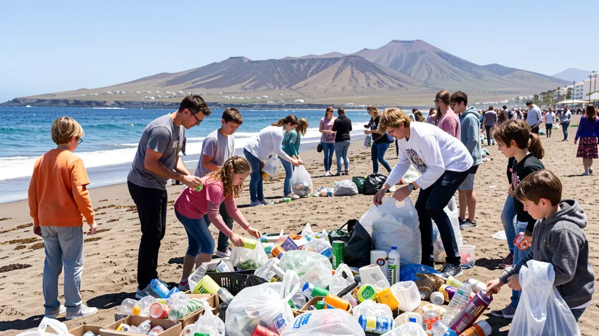 Estudiantes universitarios y niños recogiendo residuos en una playa de Tenerife como parte del proyecto MANO-MAR.
