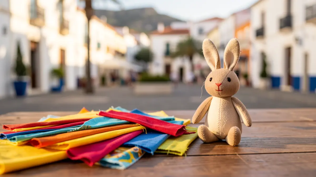 Retales de tela y un muñeco YOTI sobre una mesa, con el fondo de una plaza de Canarias.