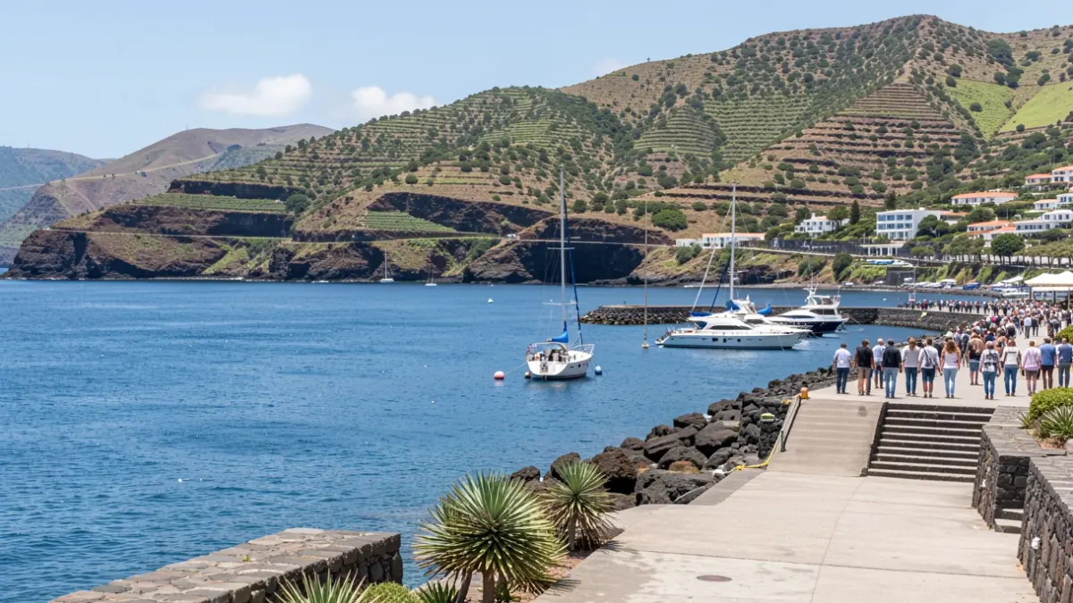 Vista del Puerto de Vueltas en La Gomera, con aguas tranquilas y colinas verdes.