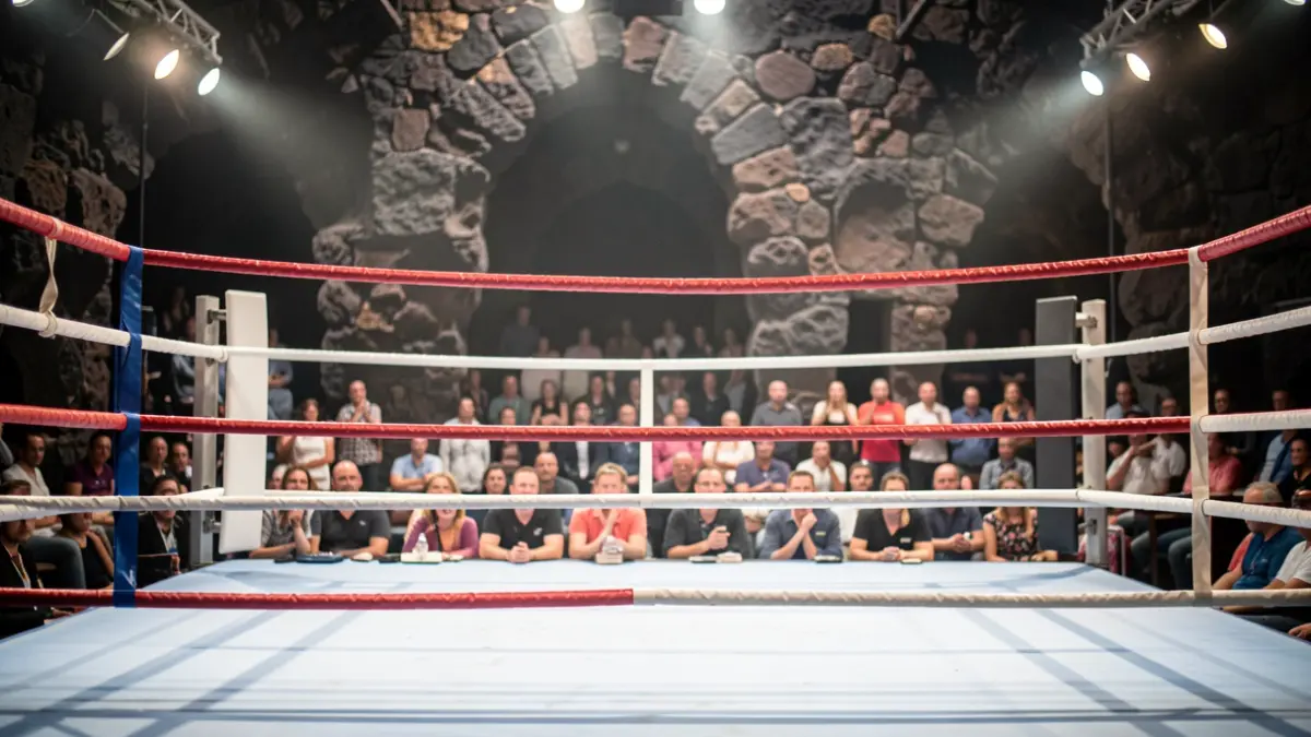Ring de boxeo en Fuerteventura con público al fondo.