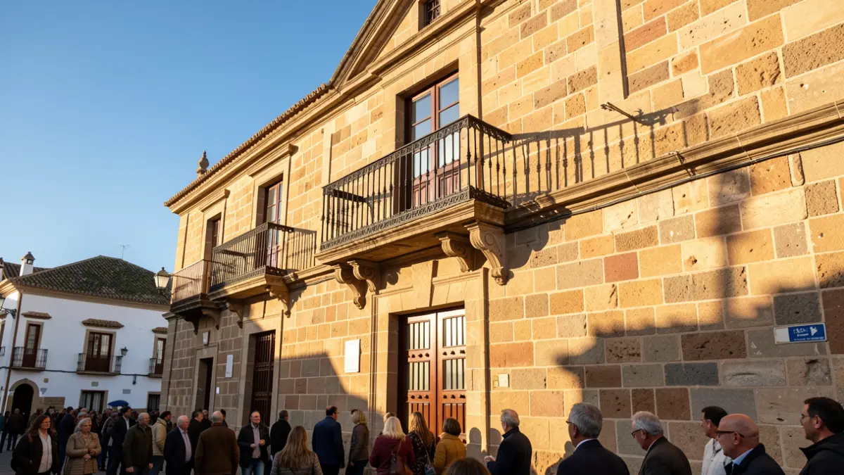 Facade of a traditional Canarian town hall with a balcony and iron railings, warm afternoon light, blue sky.