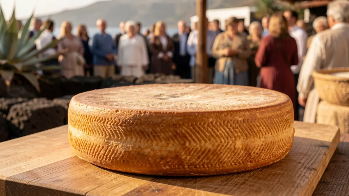 Primer plano de una rueda de queso artesanal con corteza dorada sobre una tabla de madera, con elementos rústicos de las Islas Canarias al fondo.