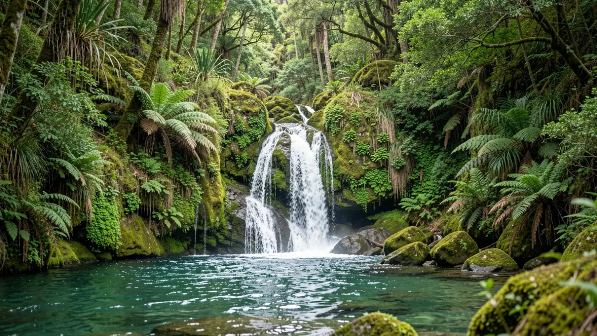 Imagen de la Cascada de Los Tilos en La Palma, rodeada de vegetación.