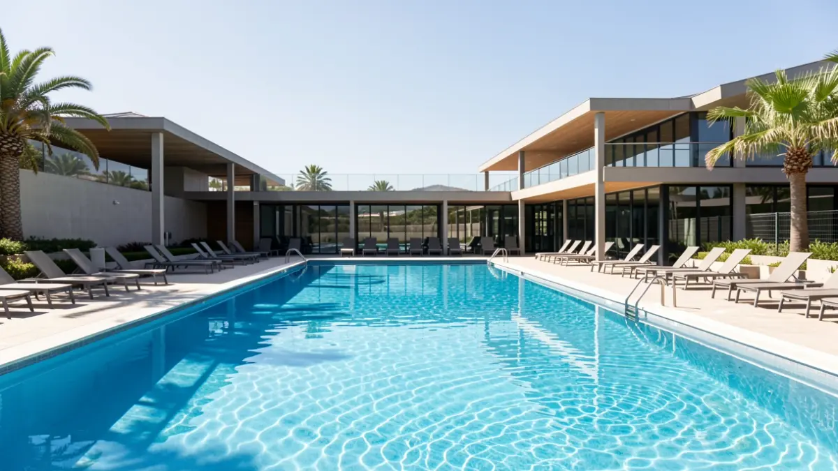 Generic image of a modern sports complex swimming pool with clear water and empty lounge chairs.