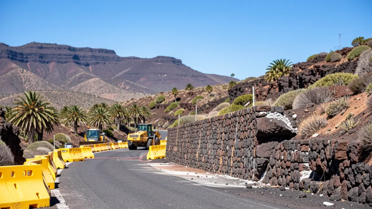 Image of the repair work on a retaining wall on the GC-550 road in Gran Canaria.