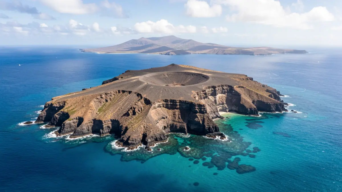 Aerial view of Lobos Islet, Fuerteventura, showing its coast and turquoise waters.