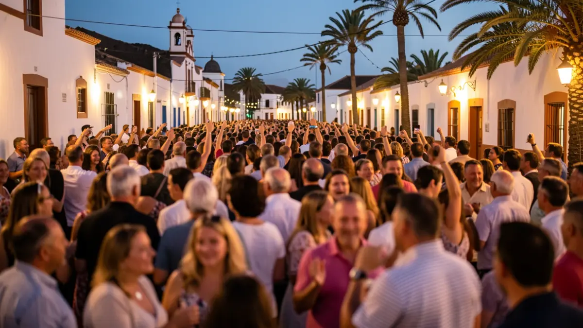 Generic image of the festive atmosphere in Mancha Blanca during the Fiestas de Los Dolores, with people celebrating and Canarian architecture.