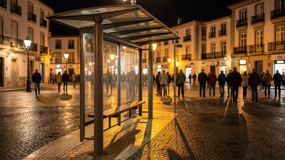 Imagen genérica de una parada de autobús nocturna con luces cálidas y pavimento mojado.