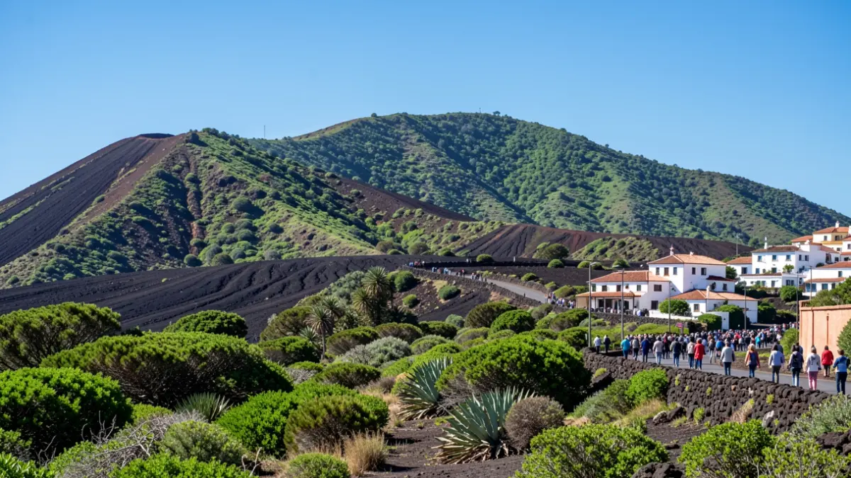 Volcanic landscape of La Palma with vegetation and traditional Canarian architecture.