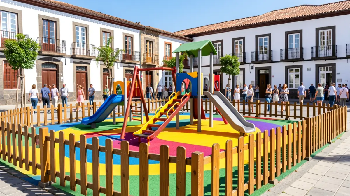 Image of a renovated children's playground in Casas de Aguilar square, featuring new play equipment and safety surfacing.