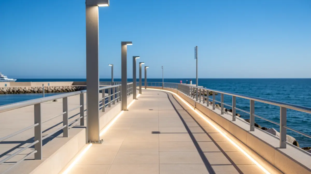 Paseo marítimo renovado en el puerto de Corralejo con nueva iluminación LED.