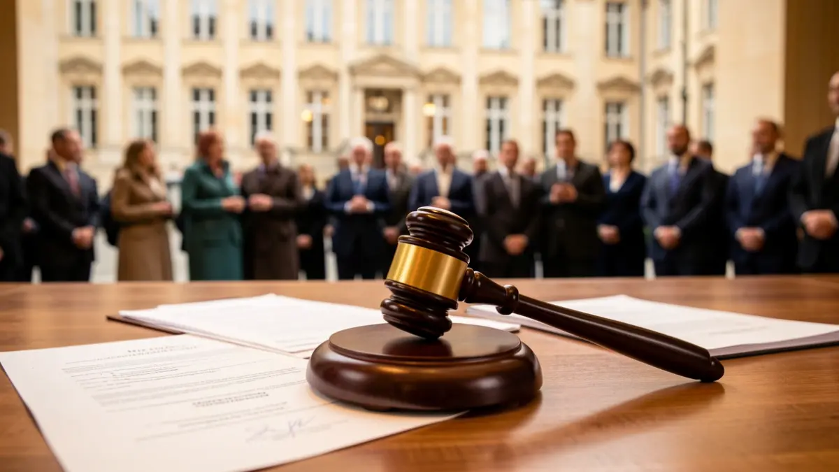Generic image of a judge's gavel on official documents on a desk.