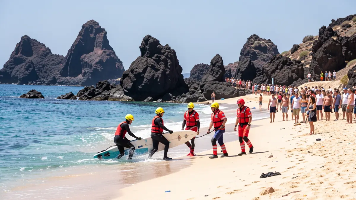 Surfer rescue at Playa del Águila, Fuerteventura, with emergency personnel.
